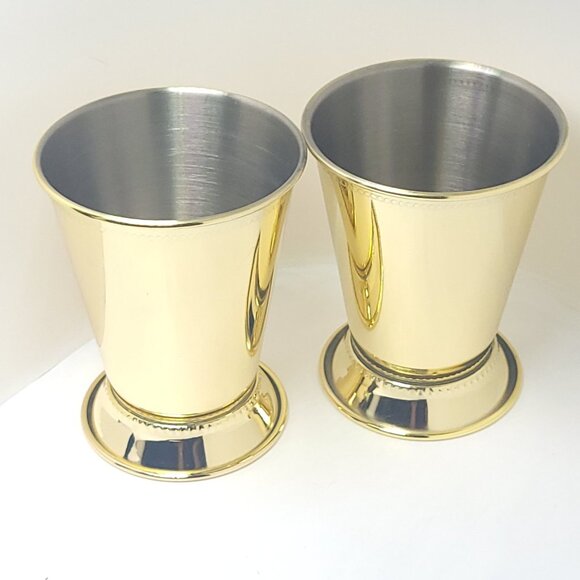Two Mint Julep Cups Stainless Steel and Gold Tone Elegant Retro High Stability - Picture 3 of 10